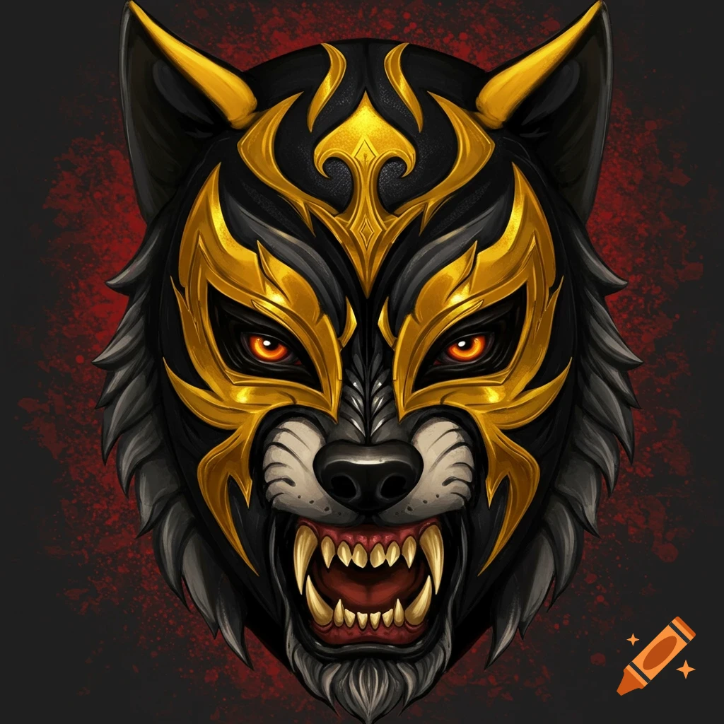 Stylized illustration of a wolf head wearing a gold and black luchador mask, with bared teeth and red eyes.