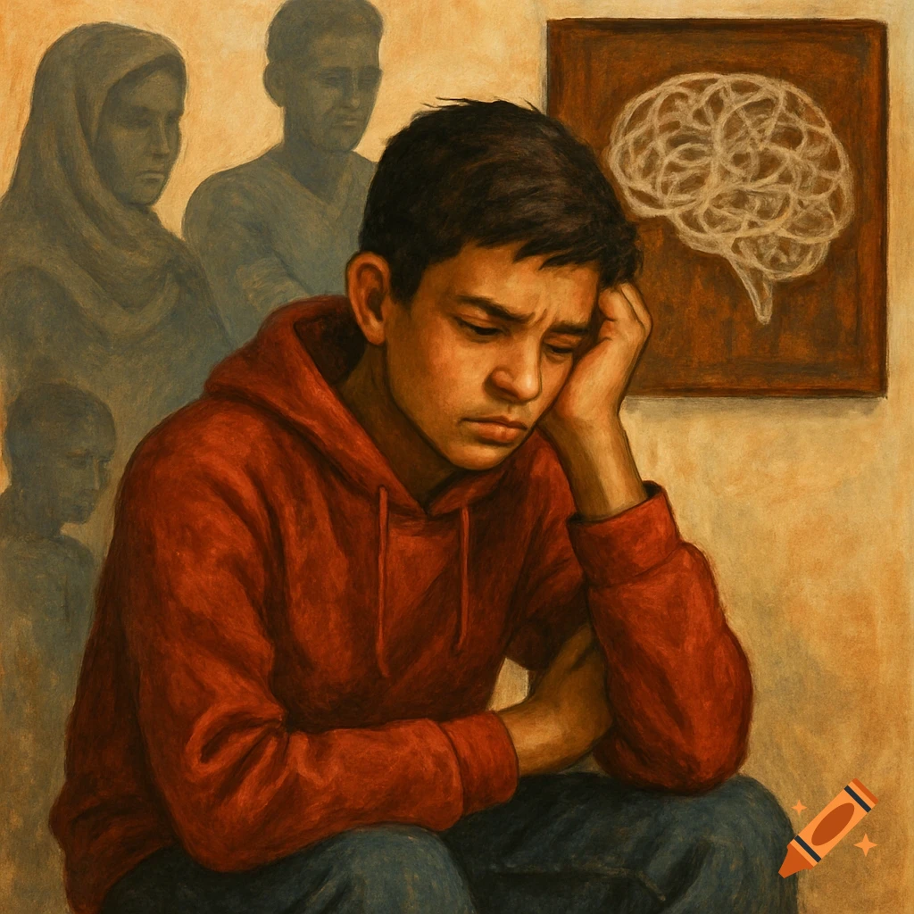 Painting of a sad teenager with spectral figures behind them and a brain diagram on the wall.