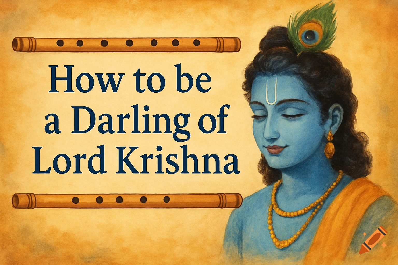 Painting of Lord Krishna with text 'How to be a Darling of Lord Krishna' and flutes