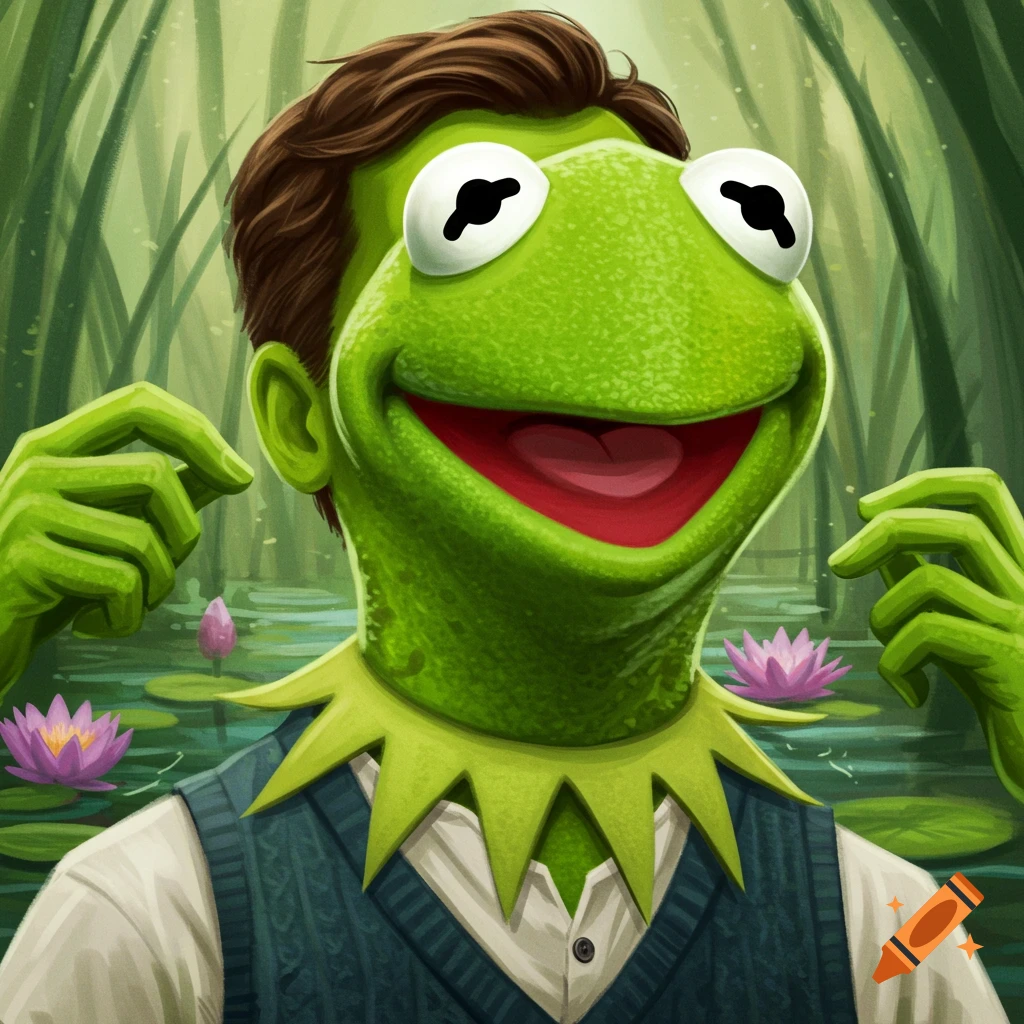 Human-frog hybrid character resembling Kermit the Frog in a swamp with water lilies.