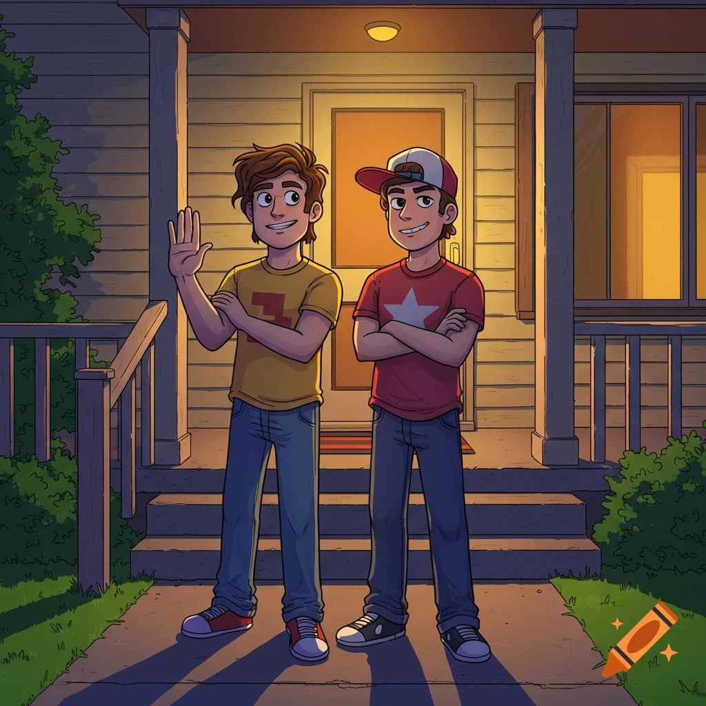 Two cartoon boys stand on a front porch at dusk, one waving, the other with arms crossed.