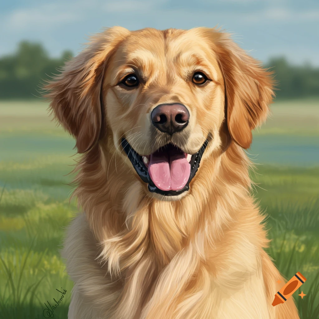 Close-up portrait of a Golden Retriever dog sitting in a grassy field, digital painting style.