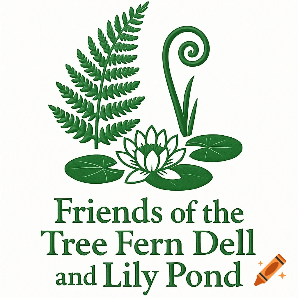 A green logo on a white background featuring a fern frond, a fiddlehead fern, a water lily bloom, lily pads, and the text 'Friends of the Tree Fern Dell and Lily Pond'.