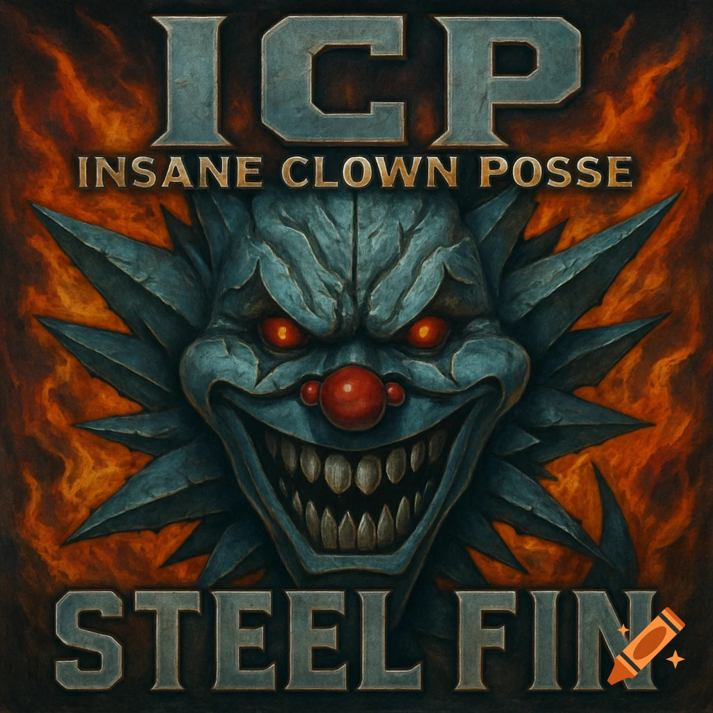 Album cover art with a creepy clown face against a fiery background and text.