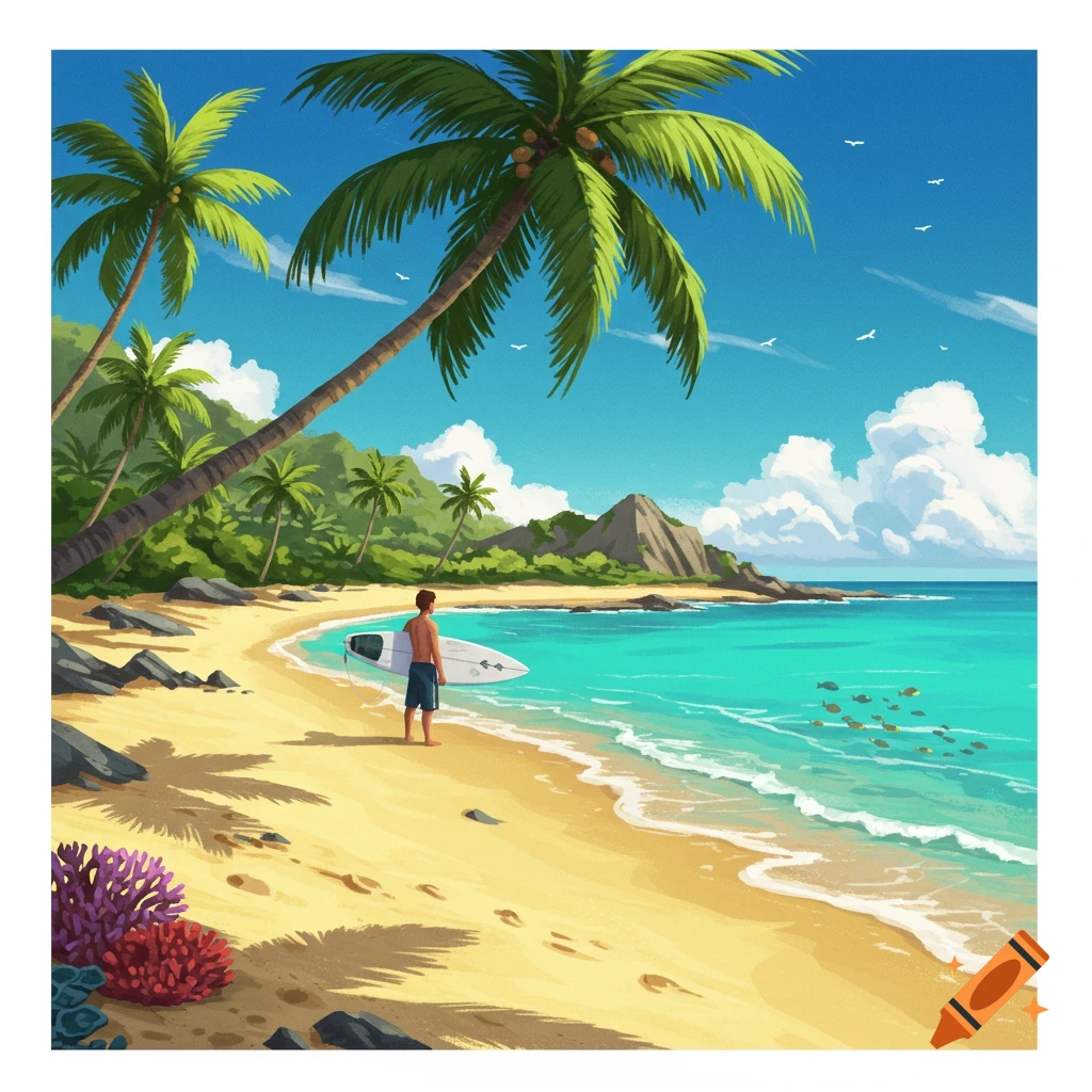 An illustration of a person with a surfboard on a tropical beach with palm trees and clear water.