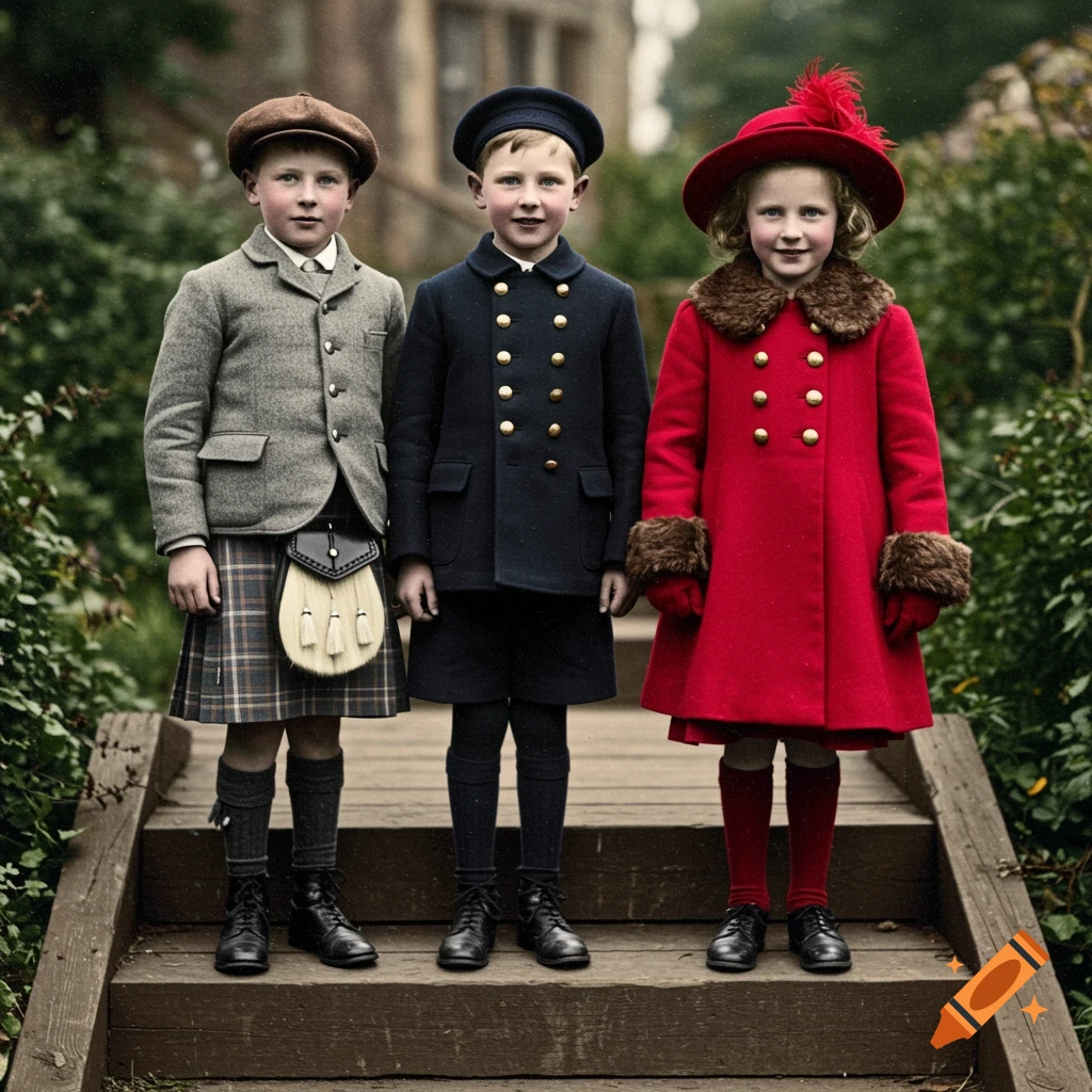 Three children in vintage clothing stand on wooden steps. Boy in kilt, boy in navy suit, girl in red coat.