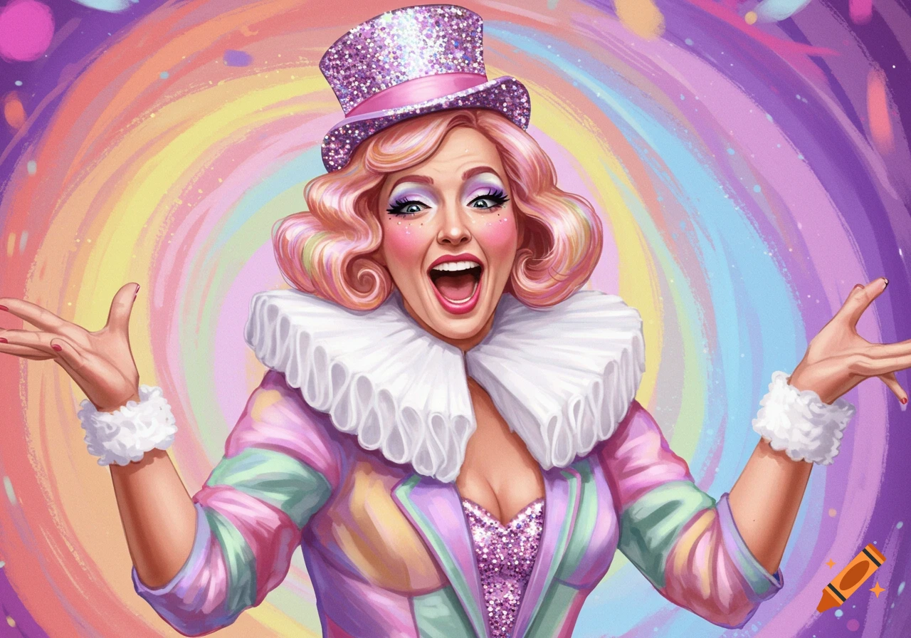 Digital painting of a woman in a sparkly top hat and ruffled collar, singing against a swirling rainbow background.