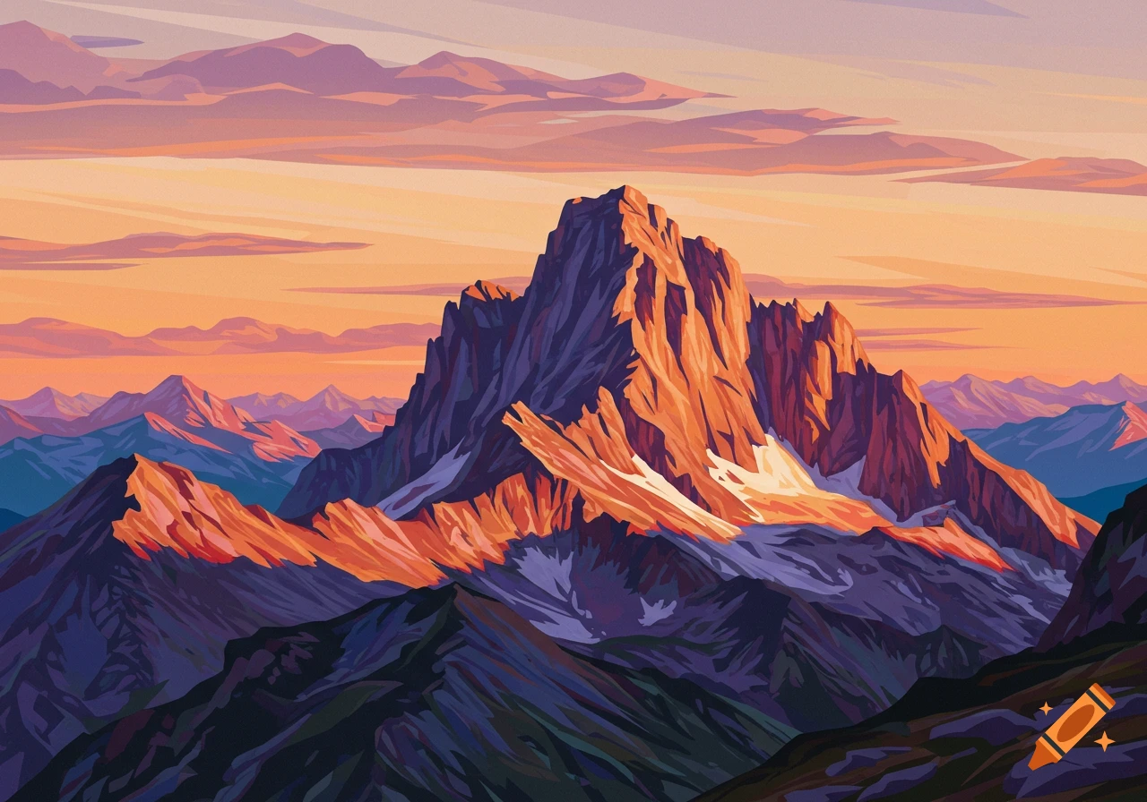コリアグランドセール 2025 with sunset at mountains Posterized vibrant Craiyon on colors. 絵画