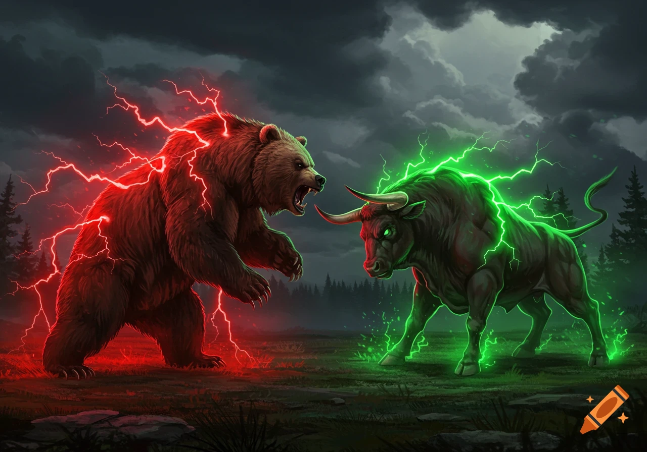 A bear struck by red lightning fights a bull struck by green lightning in a forest clearing at night.
