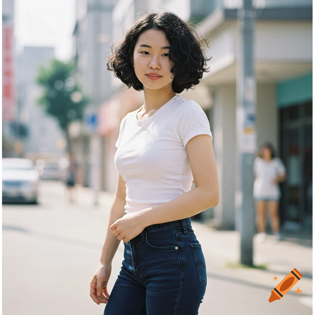 A young woman with short curly hair and a white t-shirt standing in a city street.