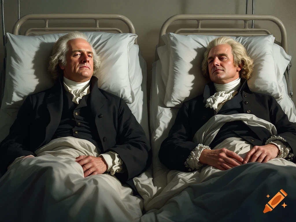 Two men in historical clothing lie in separate hospital beds.