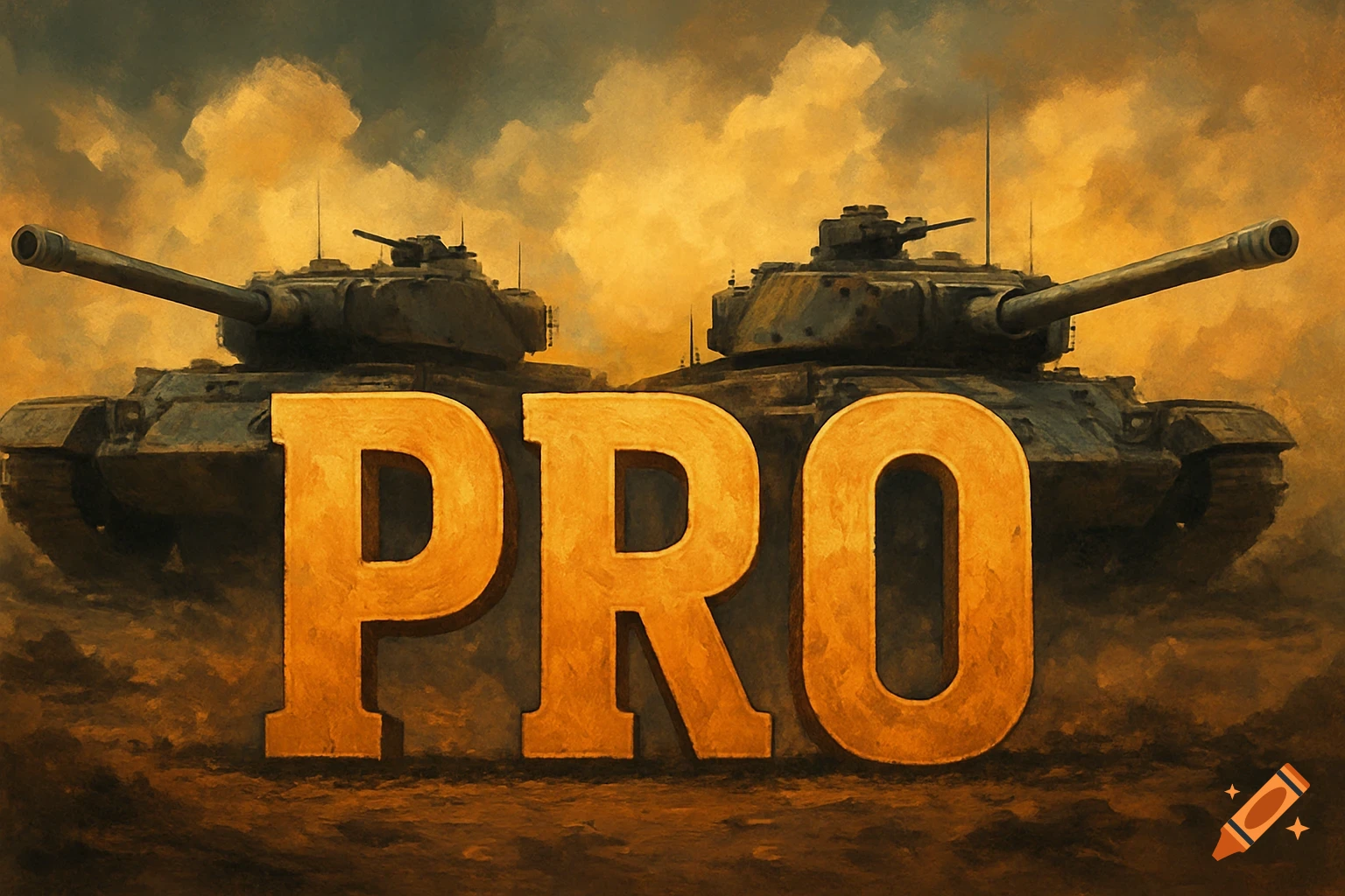 Large golden word 'PRO' in front of two tanks in a painterly, dusty scene