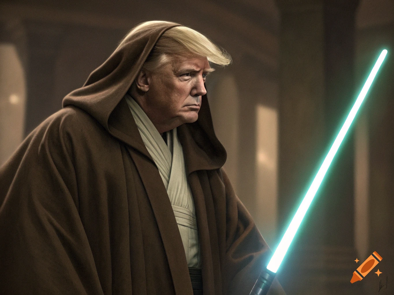 Donald Trump as a Jedi in a brown robe holding a blue lightsaber in a photorealistic style.