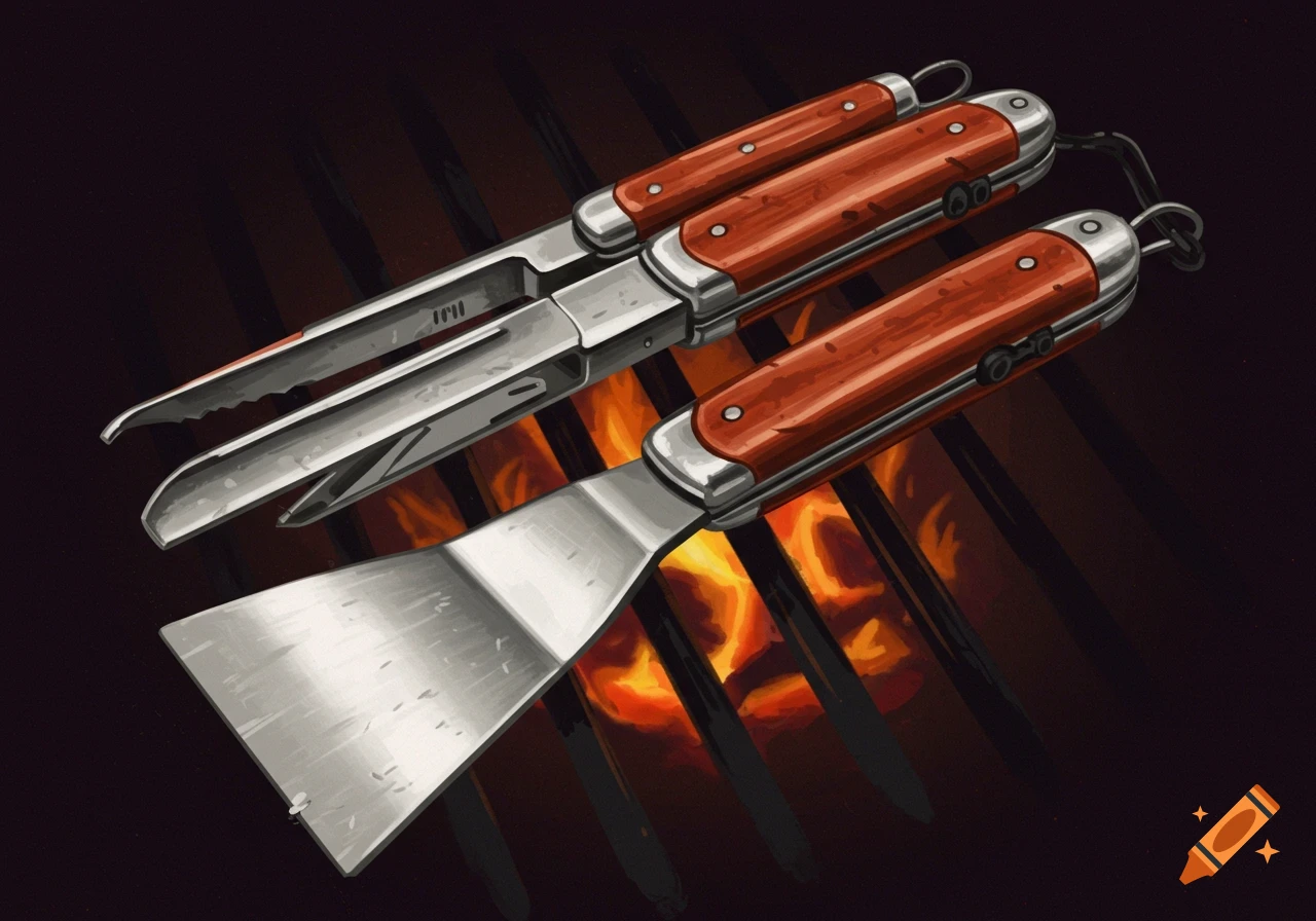 Grilling spatula and tongs over hot coals on a dark background.