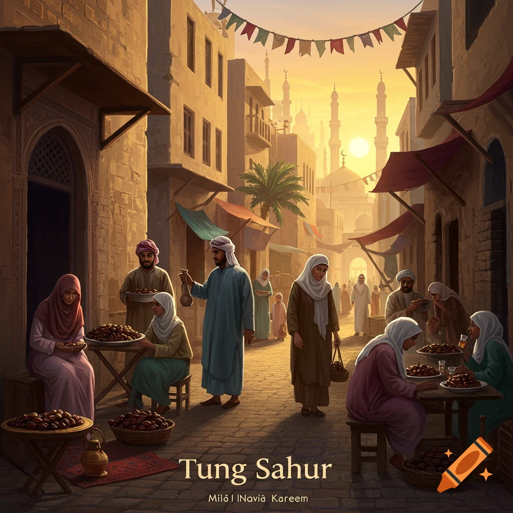 People selling dates in a Middle Eastern marketplace street at sunset, with mosque minarets.