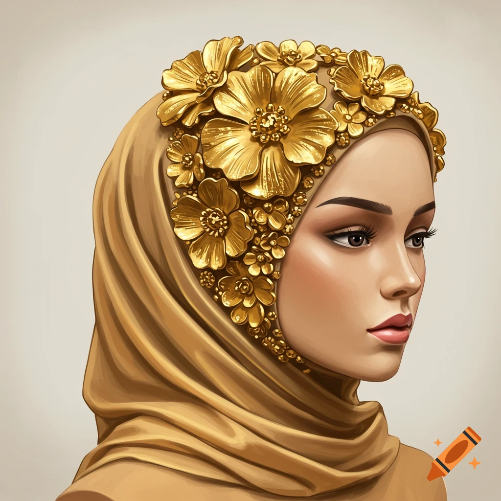 A woman wearing a gold hijab adorned with large gold flowers.