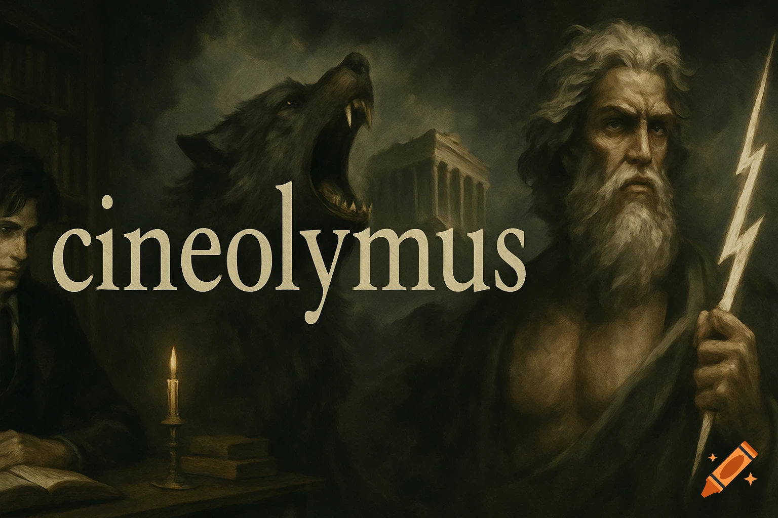Painterly image with Zeus holding a lightning bolt, a snarling werewolf, a person reading, and the word 'cineolymus'.