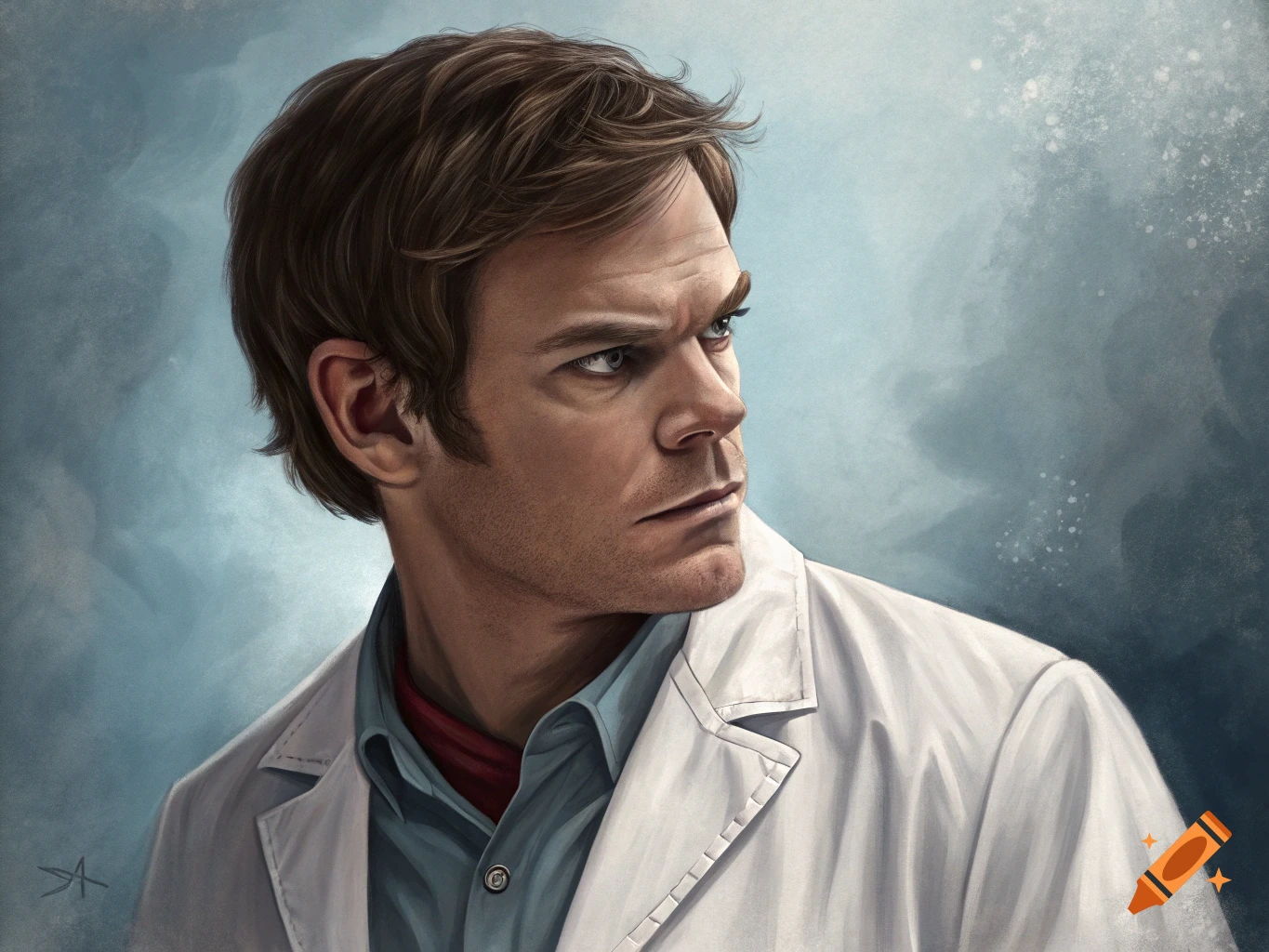 Digital painting portrait of Dexter Morgan in lab coat looking sideways