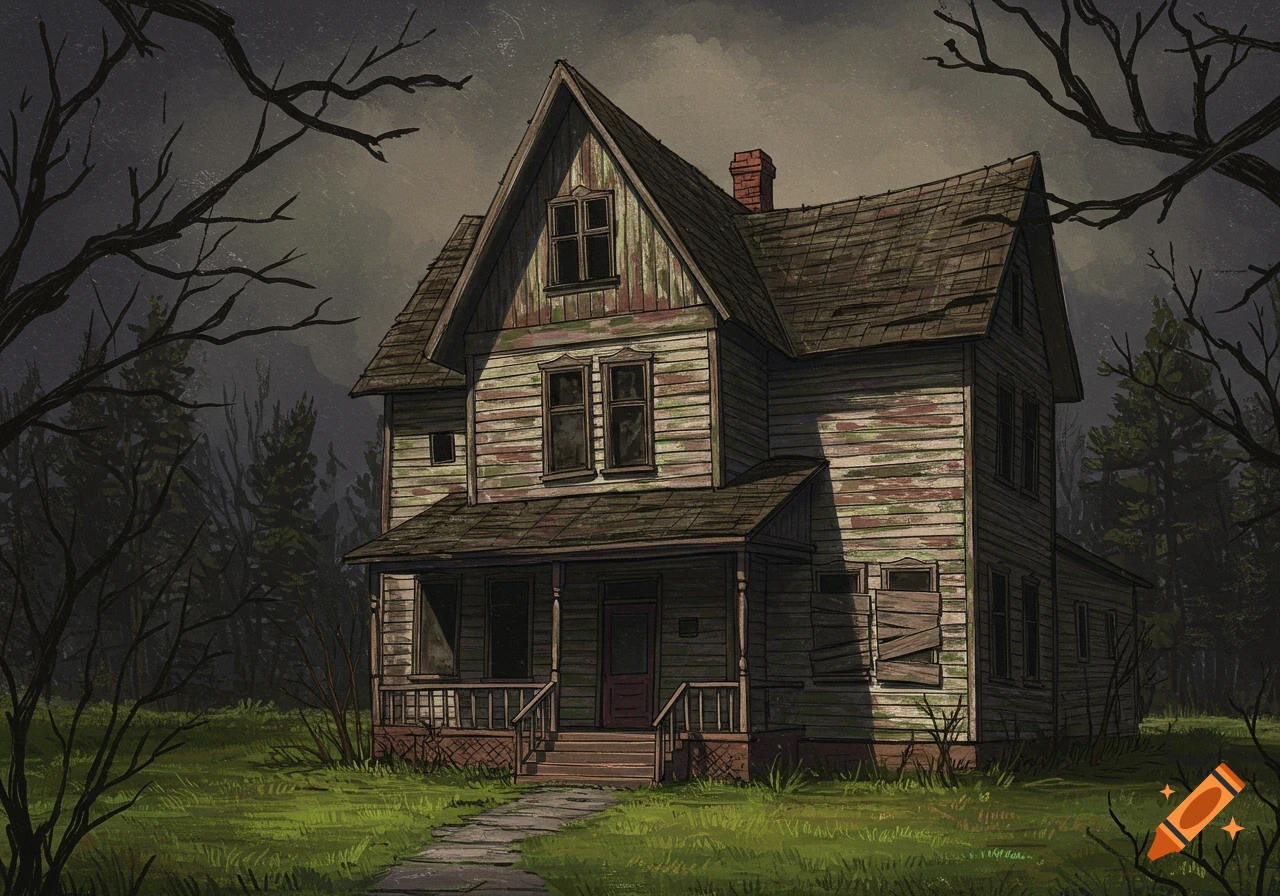 Illustrative painting of an old, dilapidated wooden house surrounded by bare trees under a dark sky.