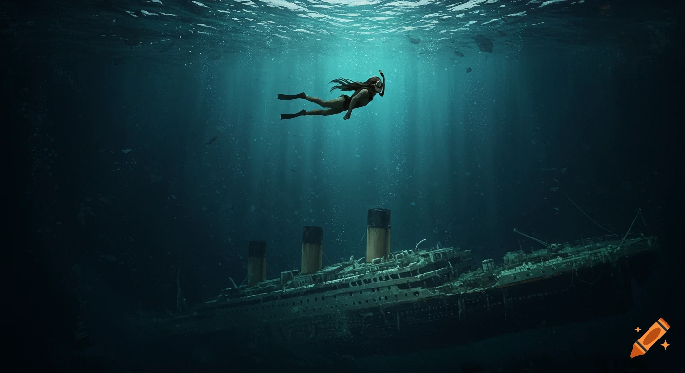 A diver swims above the sunken Titanic shipwreck on the ocean floor, with light rays filtering down.