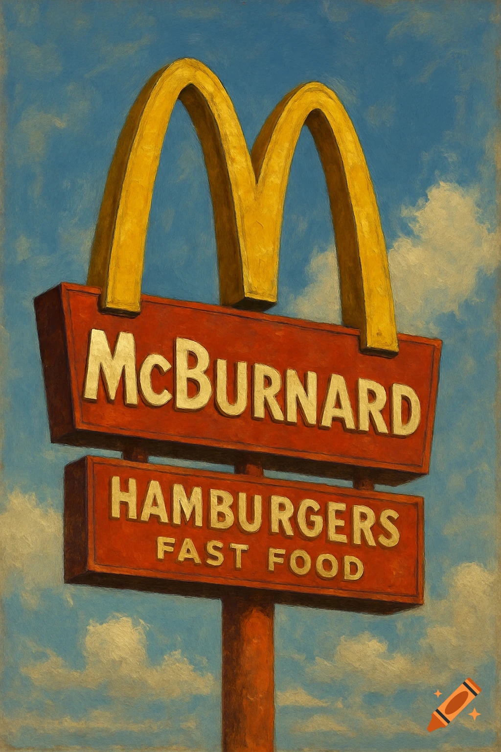 Painterly rendering of a sign with golden arches above red text reading 'McBURNARD' and 'HAMBURGERS FAST FOOD' against a cloudy blue sky.