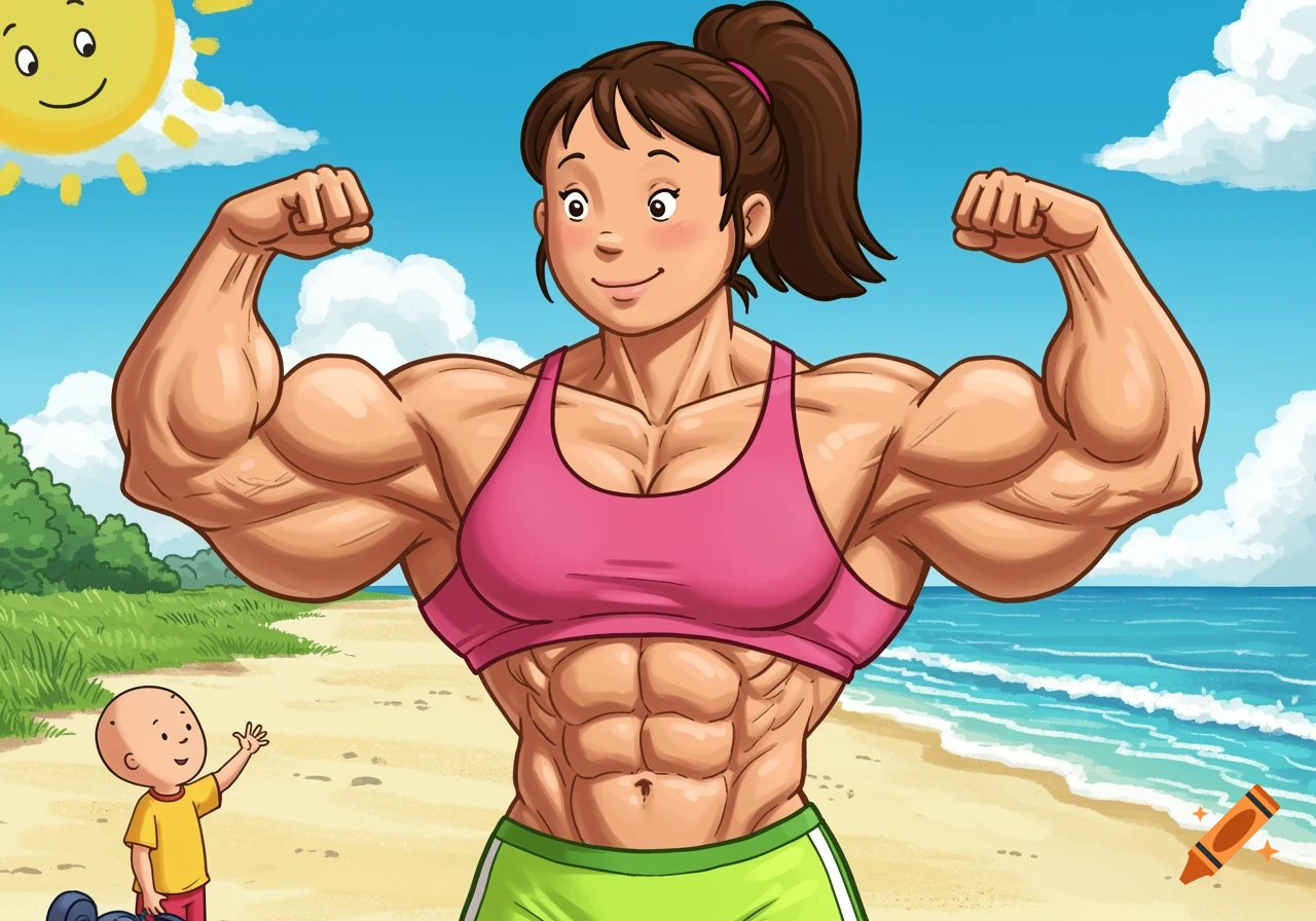 Cartoon woman with large muscles flexing on a beach while a child character looks up.