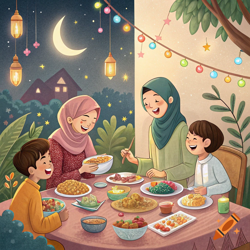 Illustration of a Muslim family eating a meal at night, under a crescent moon and string lights.