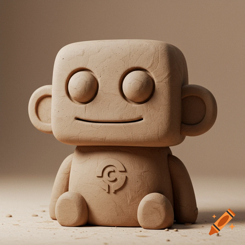A sitting robot figure made of textured clay, with circular eyes, a smile, and a circular symbol on its chest.