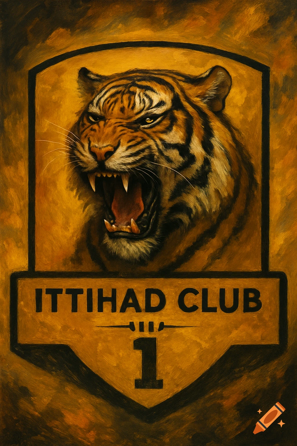 Painting of a roaring tiger head above a banner with text 'Ittihad Club' and number 1 on an orange background.