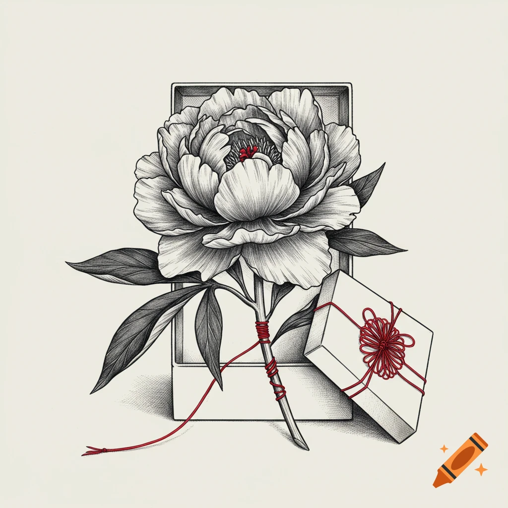 Black and white drawing of a peony with red string in a box with a gift.
