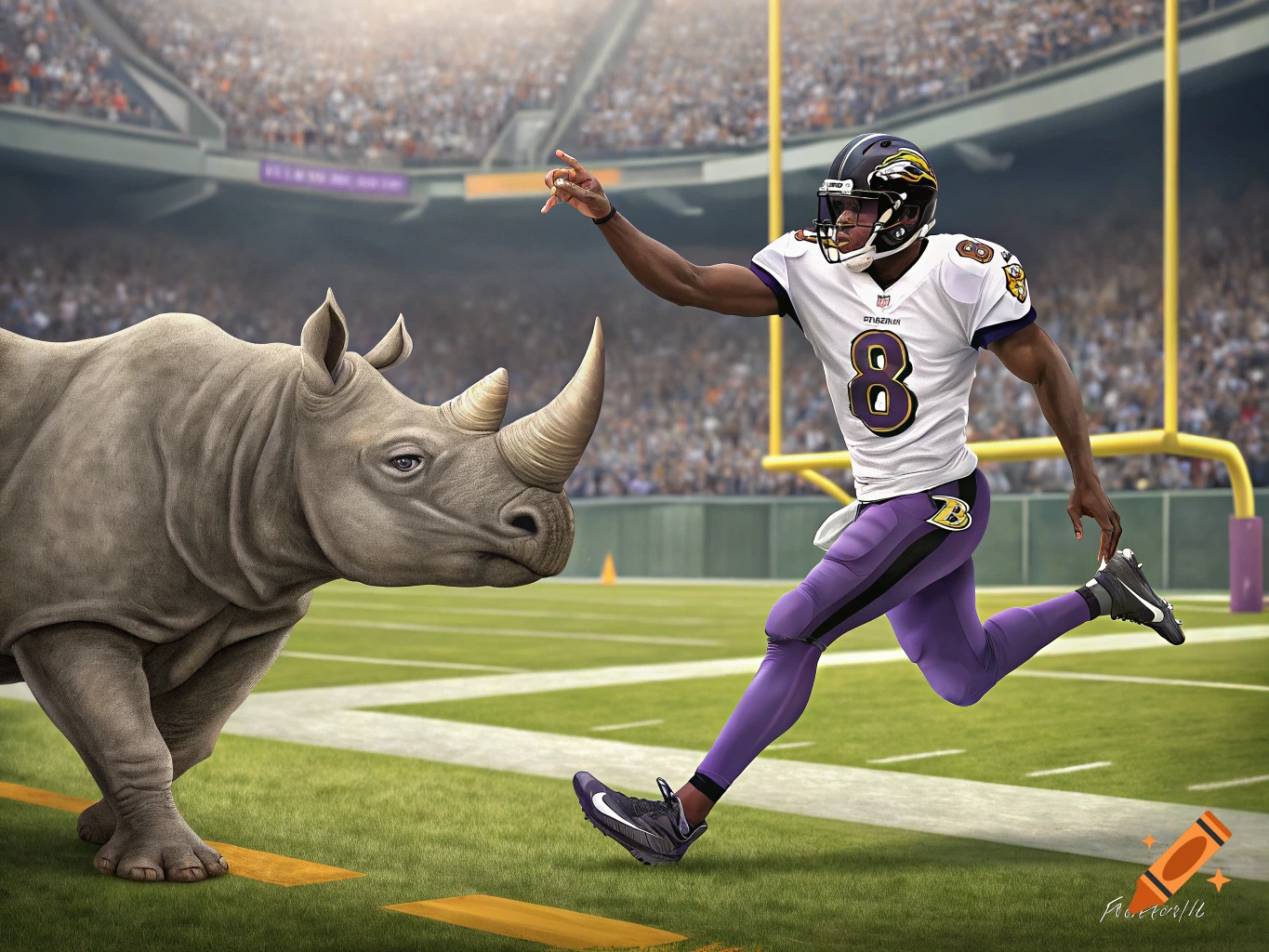 A rhinoceros on a football field faces a football player in a Ravens jersey with the number 8.
