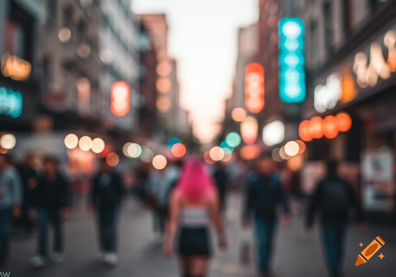 Urban street scene with bokeh lights and blurry people.
