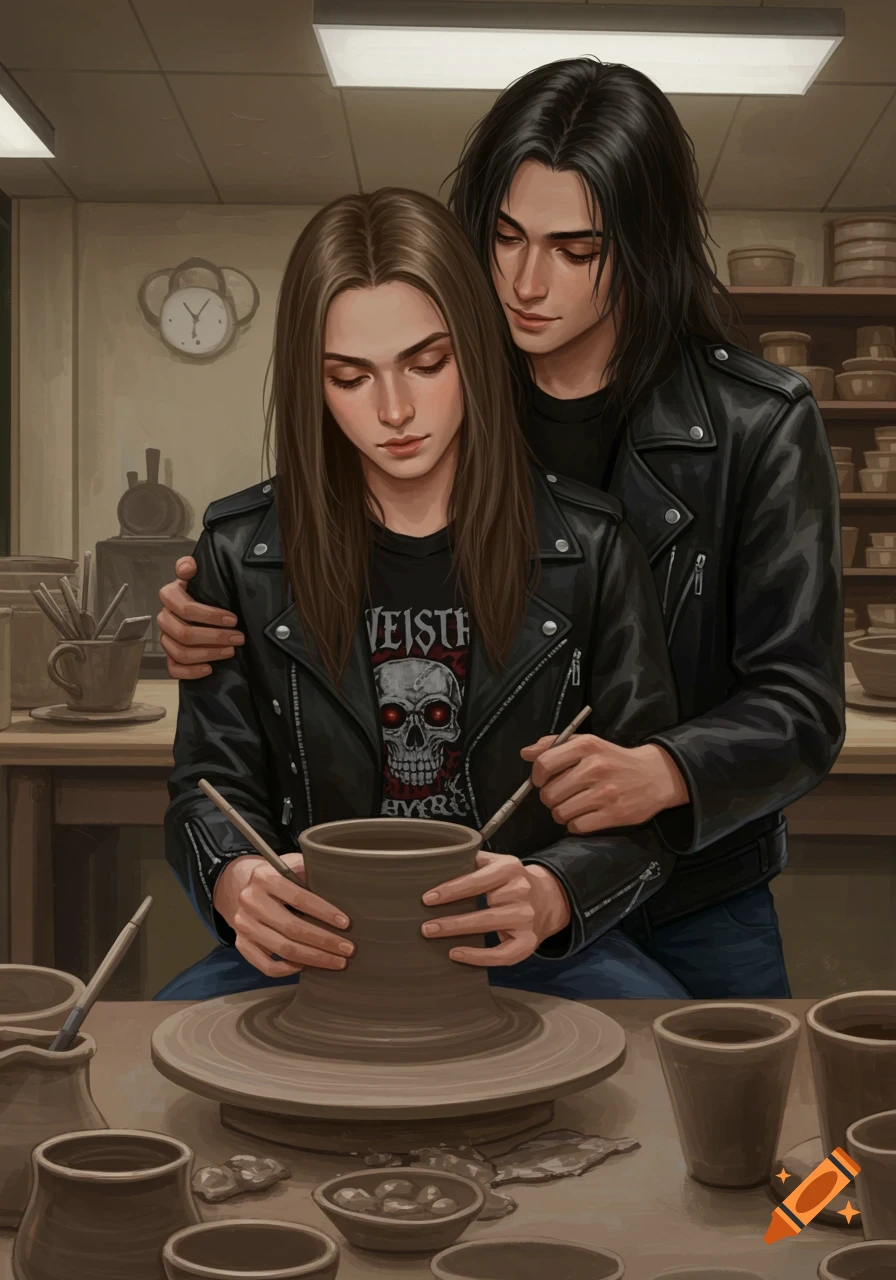 Two young men in leather jackets do pottery together, one guiding the other's hands on the wheel. Painted style.
