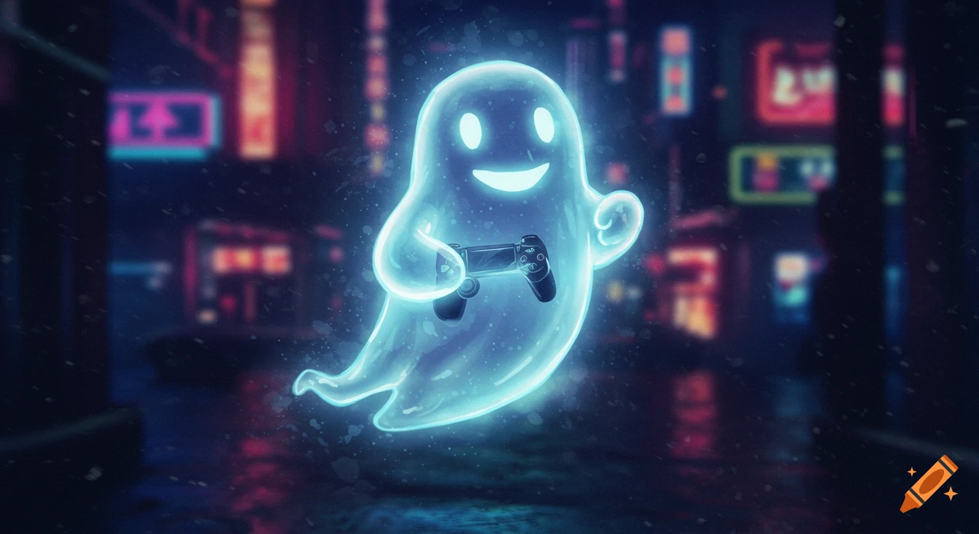 A glowing blue ghost holds a video game controller in a blurry neon-lit city street.