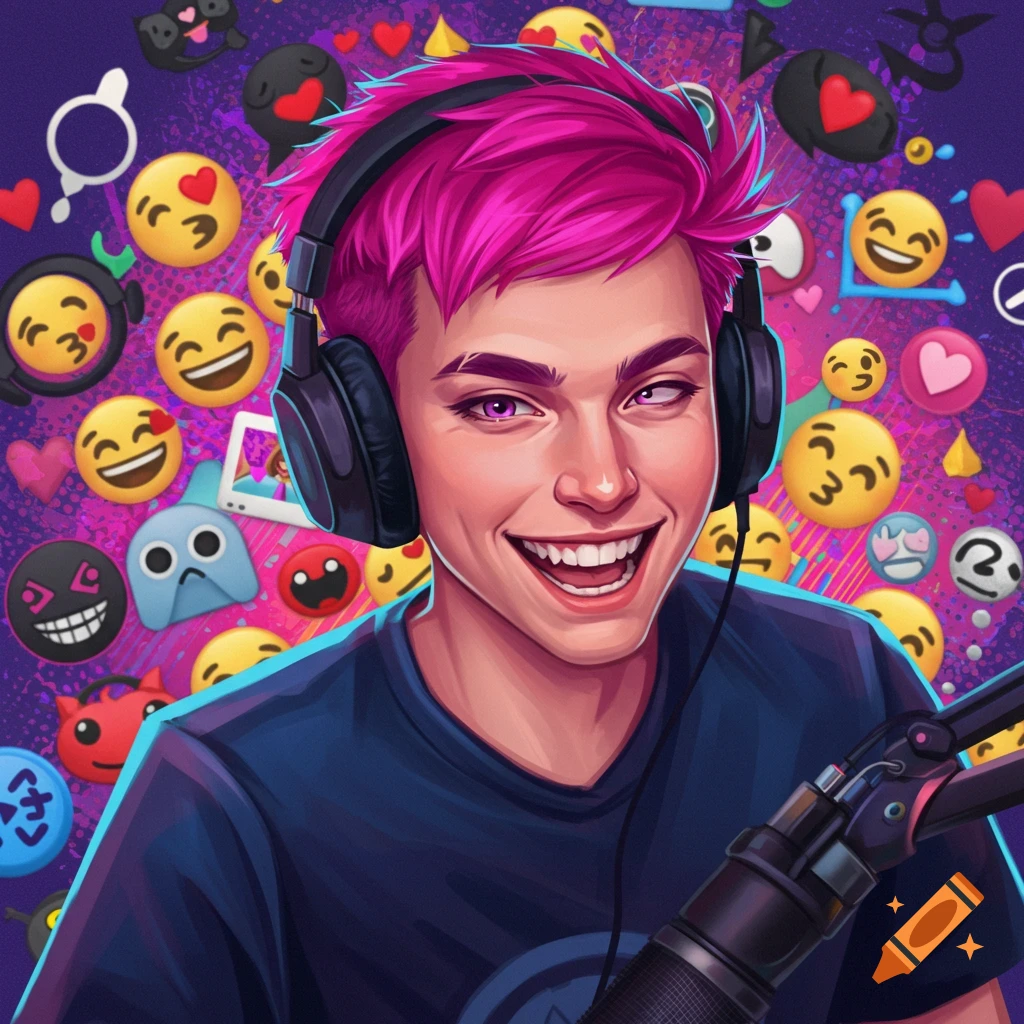 Illustration of a person with pink hair and headphones surrounded by emojis