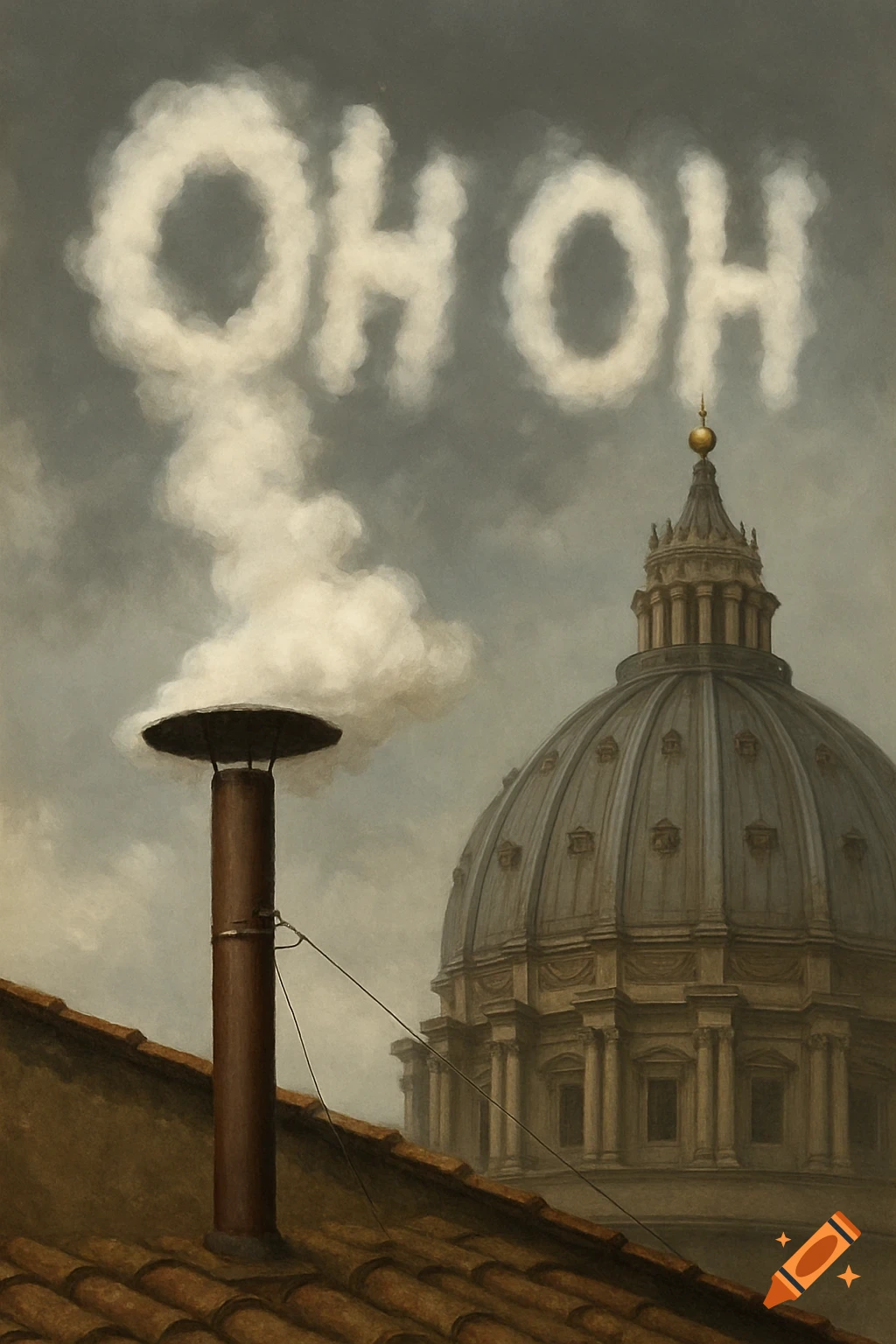 Painterly image of smoke from a chimney forming the text "OH OH" over a domed building, with a tiled roof in the foreground.