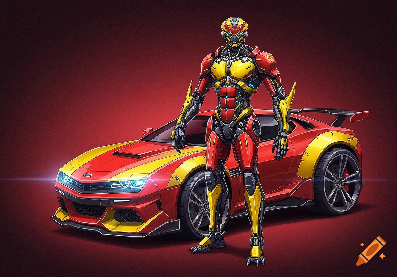 Futuristic red and yellow robot stands next to a matching futuristic sports car in an illustration style.