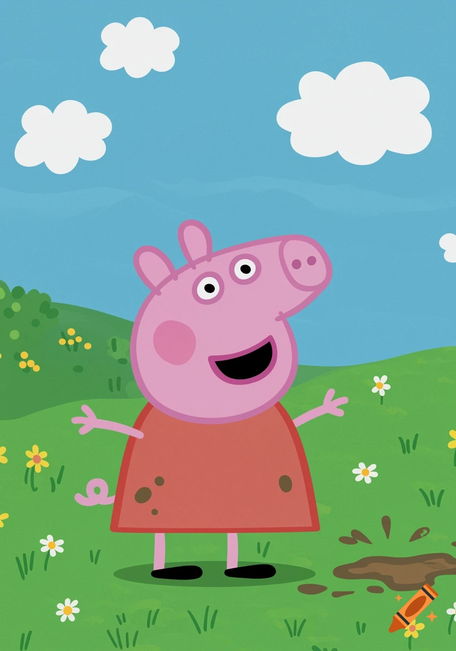 Cartoon illustration of Peppa Pig standing in a grassy field with clouds.