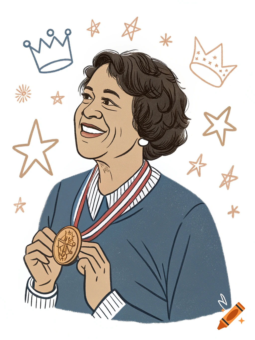 Stylized illustration of a woman smiling and holding a medal, surrounded by stars and crowns.