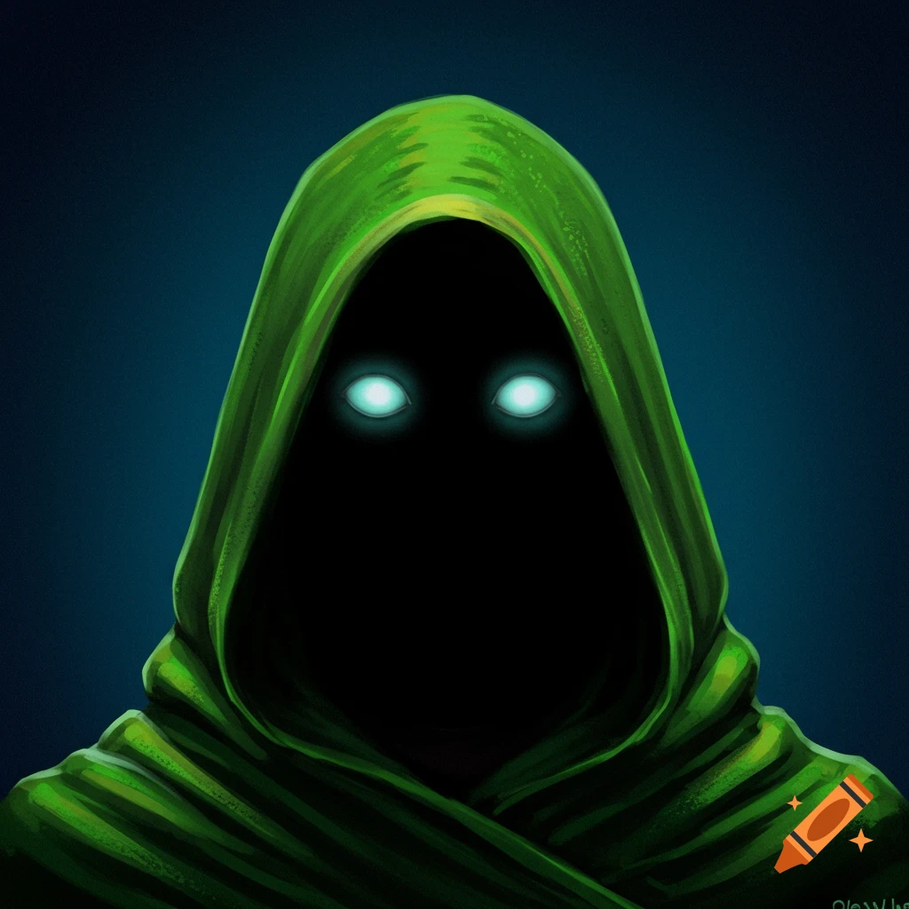 A hooded figure in a green cloak with glowing eyes against a dark ...