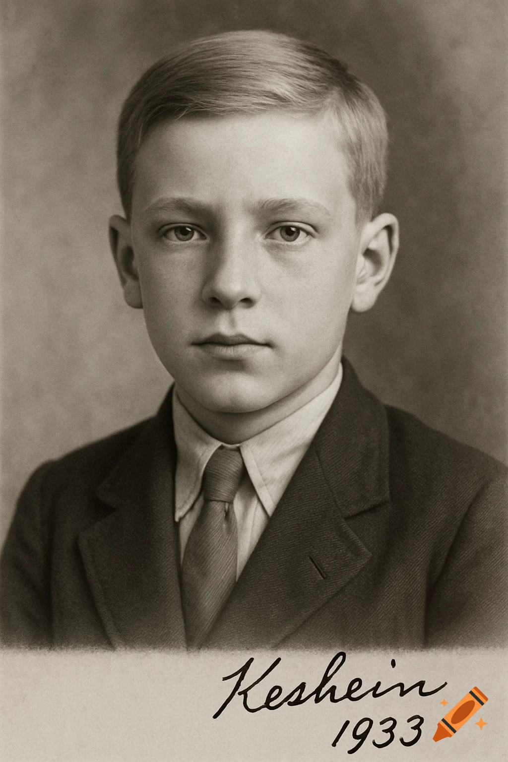 Sepia-toned historical photo portrait of a young boy in a suit and tie.