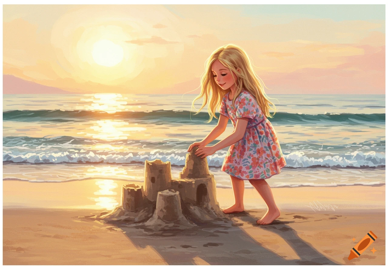 Young girl builds a sandcastle on a beach at sunset, painterly style.