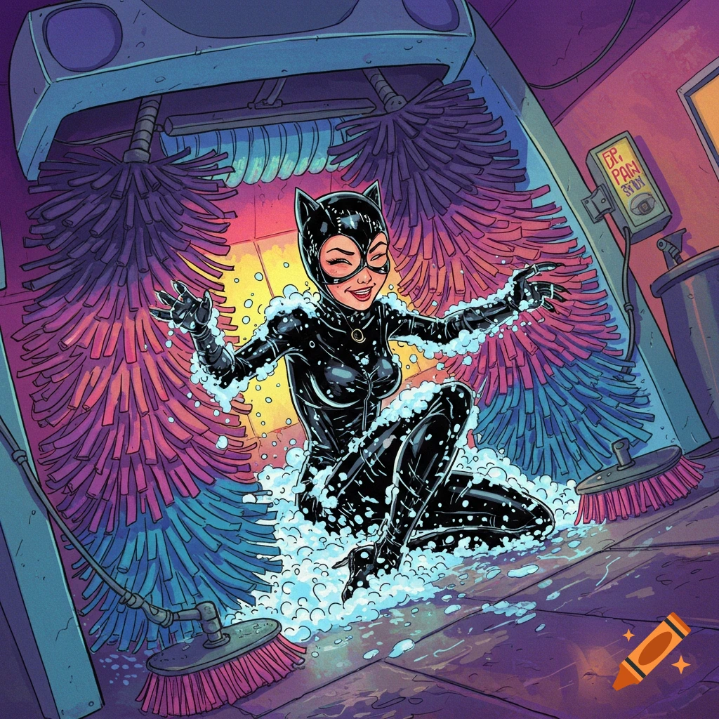 Catwoman covered in bubbles and soap in a car wash.