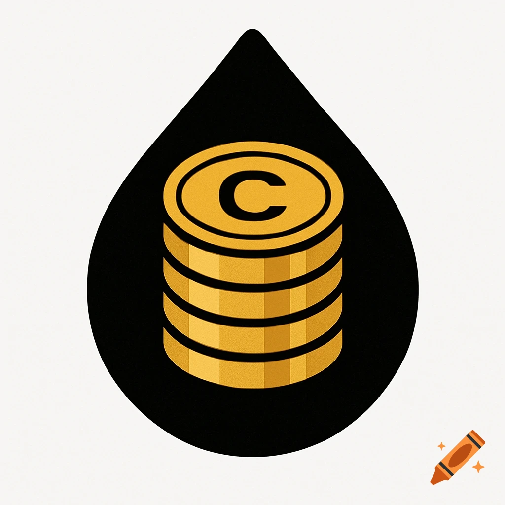 A black droplet shape containing a stack of golden coins with a 'C' on the top coin.