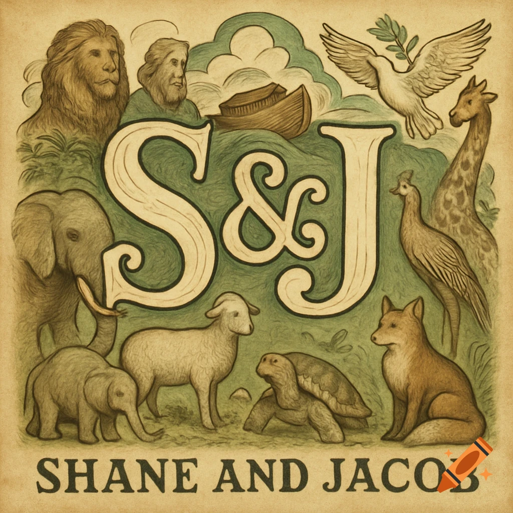 Illustration with large S & J initials, Noah's Ark, various animals (lion, elephant, sheep, fox, giraffe, bird, tortoise), and 'Shane and Jacob' text below, in a crayon style.