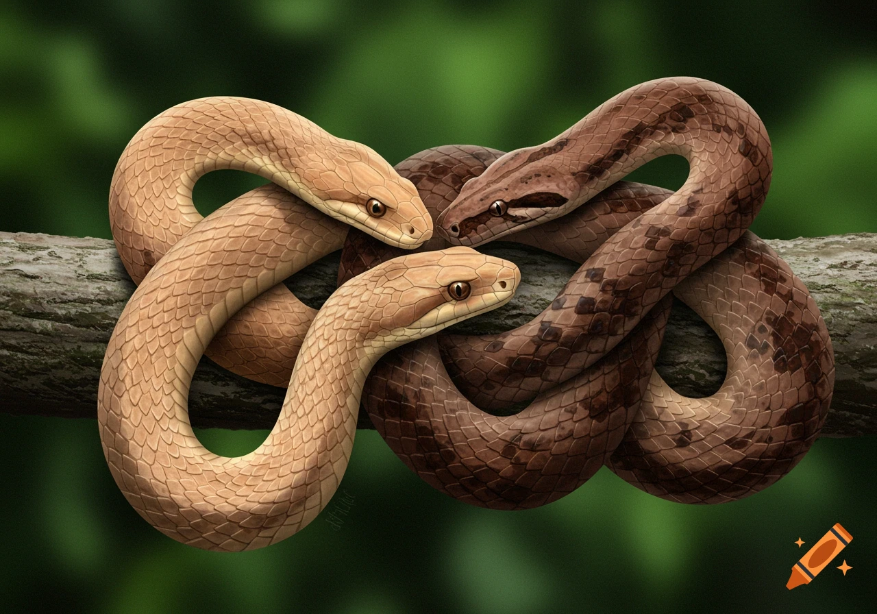 Two intertwined snakes on a branch, detailed illustration.
