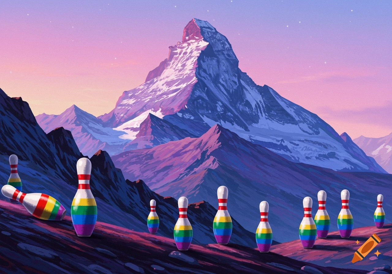 Rainbow-colored bowling pins scattered on a mountainside at sunset.