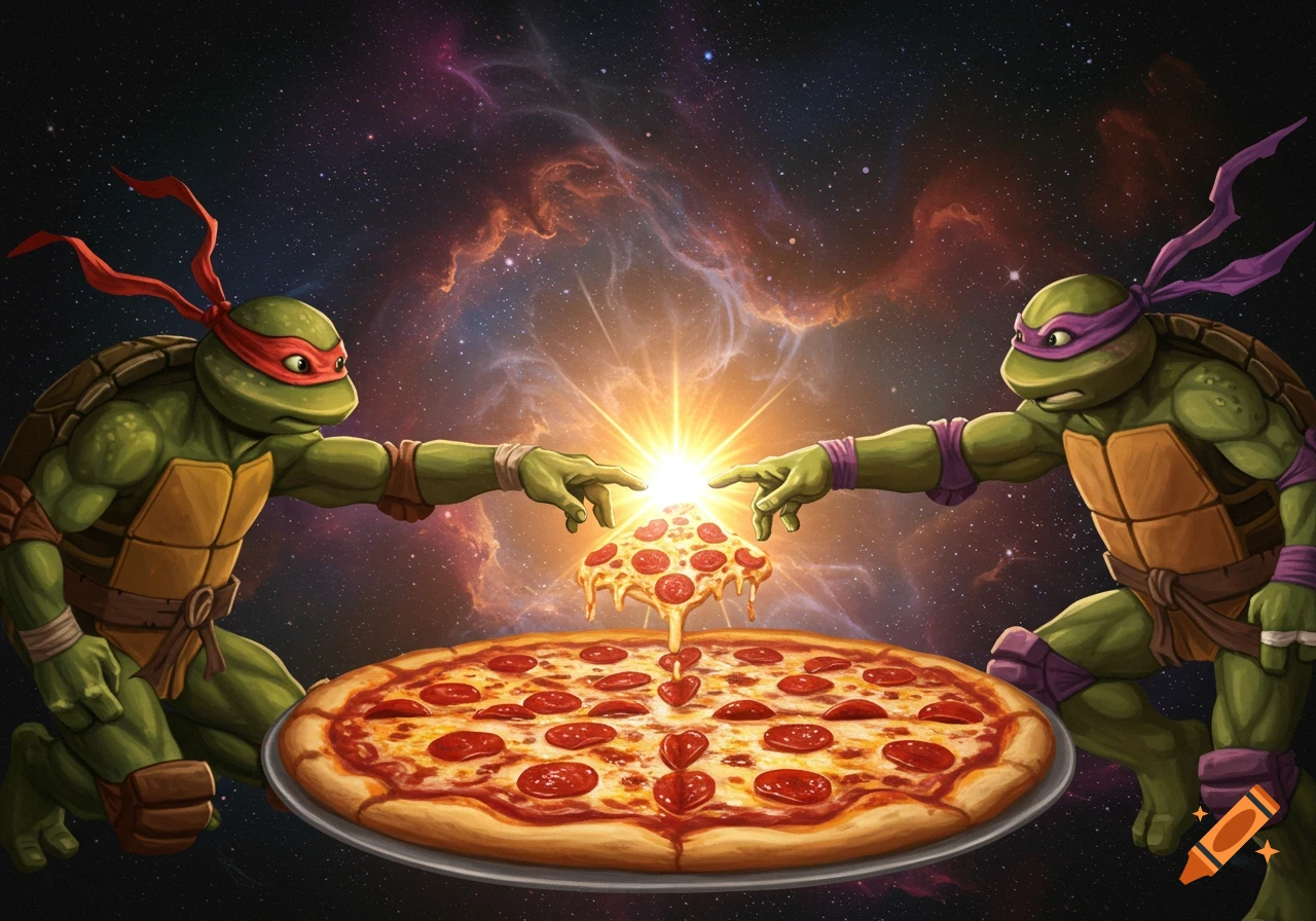 Teenage Mutant Ninja Turtles reach for a slice of pizza in space in an art parody.