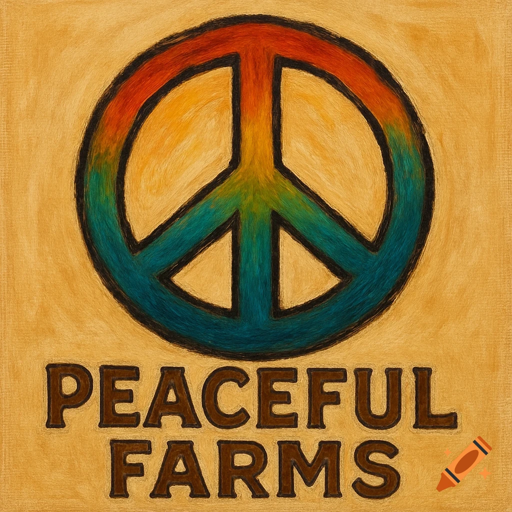 Rainbow peace symbol above the words Peaceful Farms on a textured background.