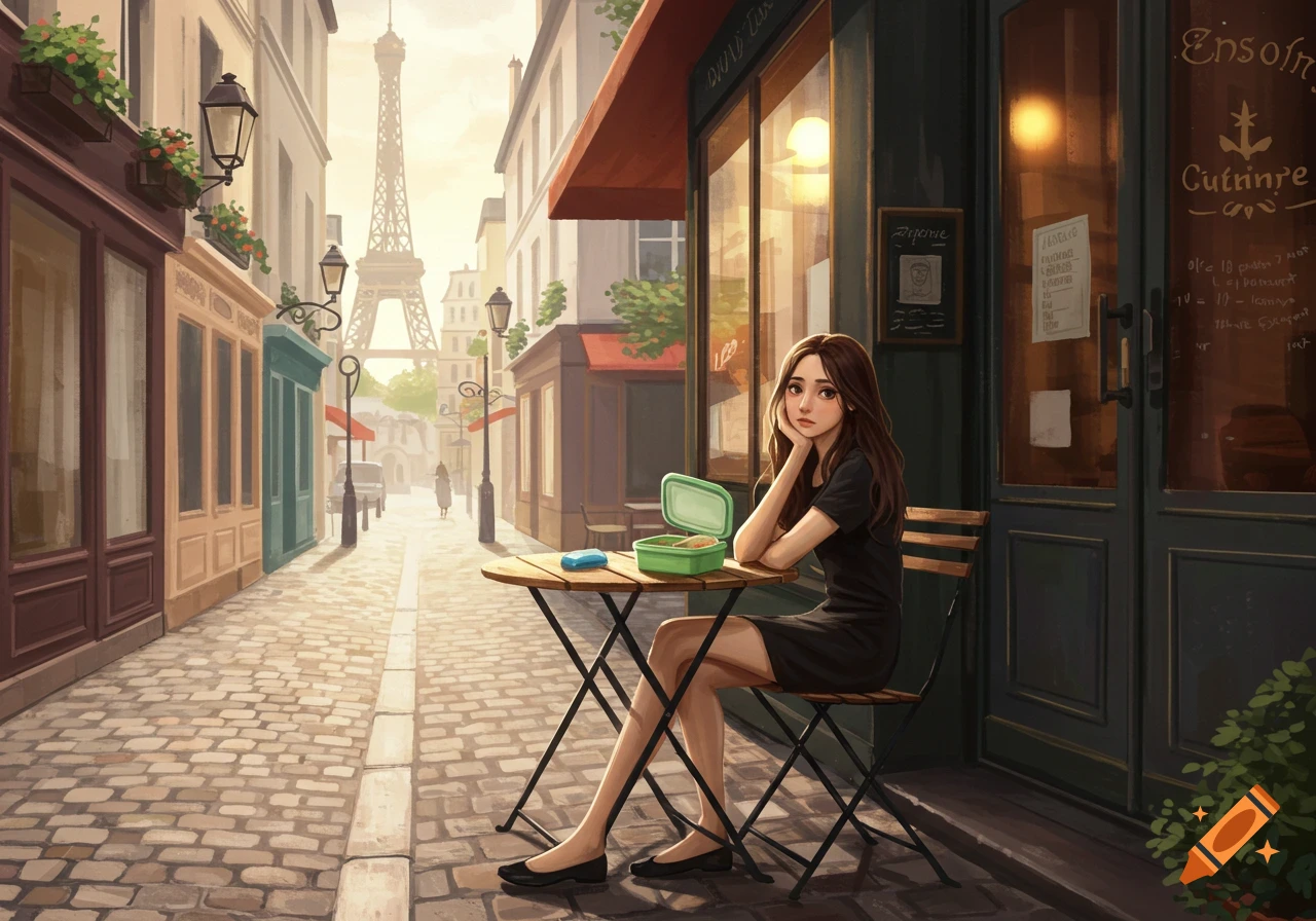 A woman sits at an outdoor cafe table in Paris with the Eiffel Tower visible in the background. Illustrated style.